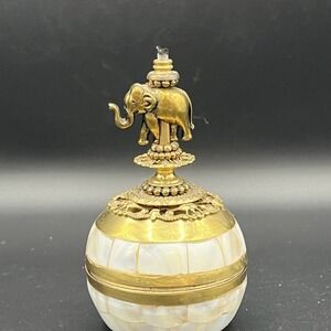 Ornate Brass  Mother of Pearl Elephant Oil Lamp Glass Decorative Jeweled 4.5"
